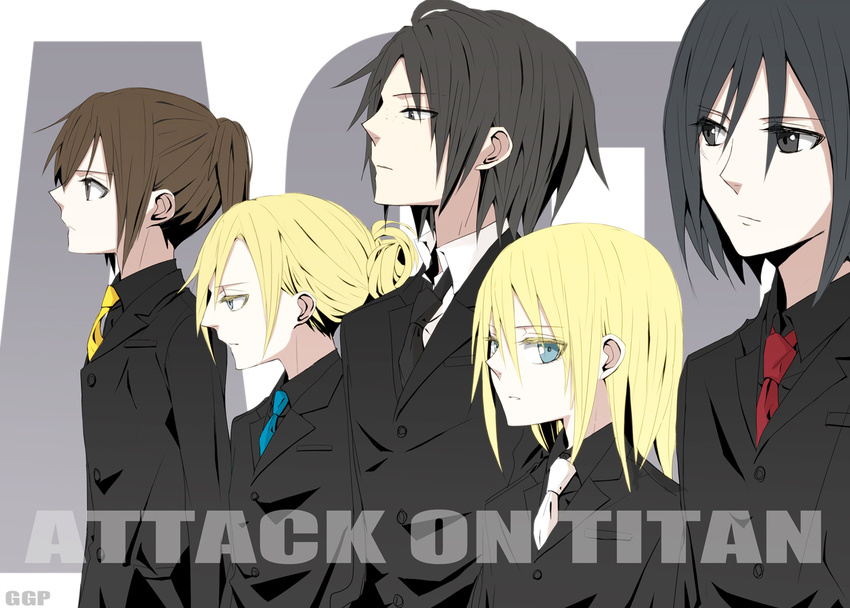 annie_leonhardt black_hair blonde_hair brown_hair christa_renz copyright_name formal gogono_pan'ya hair_down mikasa_ackerman multiple_girls necktie pant_suit profile sasha_braus shingeki_no_kyojin short_hair suit ymir_(shingeki_no_kyojin)