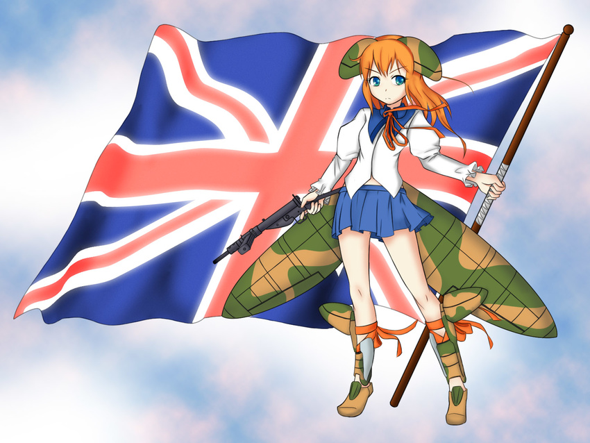 british copyright_request flag gun highres long_hair moodycat orange_hair skirt solo sten_gun union_jack weapon world_war_ii