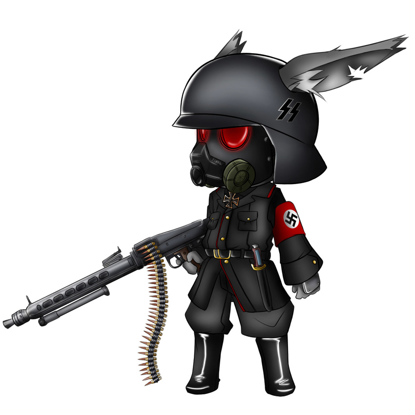 armband chibi copyright_request cross ears_through_headwear gas_mask gun helmet highres iron_cross machine_gun mg42 military military_uniform moodycat nazi no_humans reichsadler simple_background solo swastika uniform weapon white_background