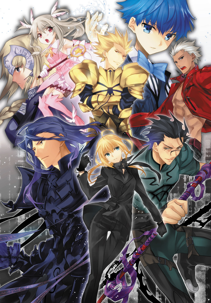 5boys archer armor artoria_pendragon_(all) berserker_(fate/zero) boots collar fate/apocrypha fate/extra fate/extra_ccc fate/kaleid_liner_prisma_illya fate/zero fate_(series) formal gae_dearg gilgamesh hans_christian_andersen_(fate) headpiece highres illyasviel_von_einzbern jacket jeanne_d'arc_(fate) jeanne_d'arc_(fate)_(all) lancelot_(fate/zero) lancer_(fate/zero) magical_girl multiple_boys multiple_girls pant_suit pink_footwear polearm prisma_illya red_jacket saber spear suit ume2888 weapon