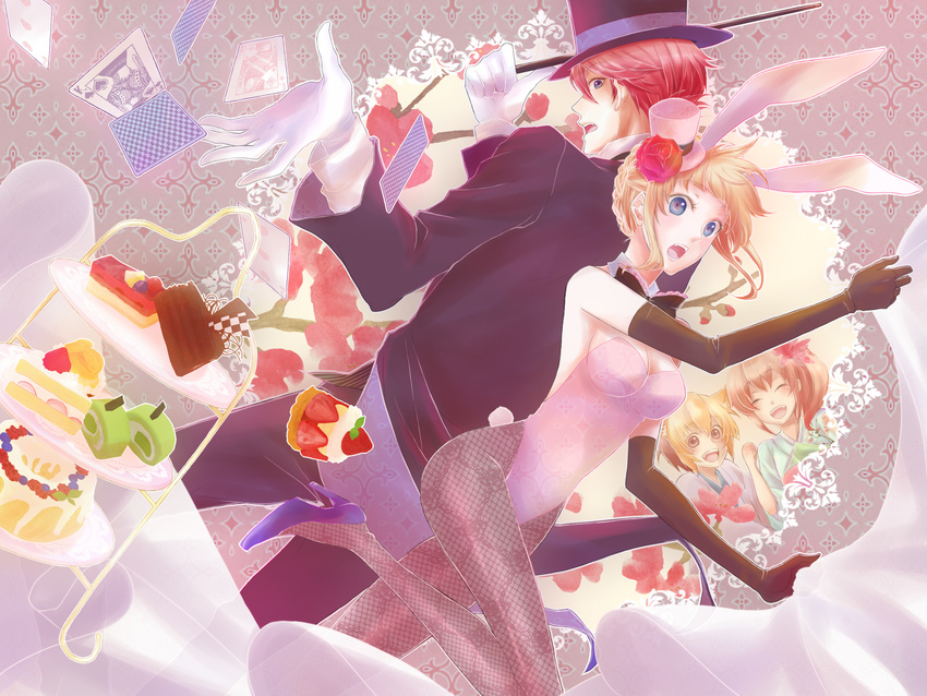 2girls ^_^ animal_ears bad_id bad_pixiv_id beatrice black_gloves blonde_hair blue_eyes brown_eyes brown_hair bunny_ears bunny_girl bunnysuit cake cane card chocolate_cake closed_eyes elbow_gloves fake_animal_ears fishnets flower food gloves hair_flower hair_ornament hat highres japanese_clothes kimono multicolored_hair multiple_boys multiple_girls nero_(koyuki) open_mouth pantyhose playing_card red_hair rose sakutarou side_ponytail smile strawberry_shortcake tiered_tray top_hat tuxedo two-tone_hair umineko_no_naku_koro_ni ushiromiya_battler ushiromiya_maria white_gloves