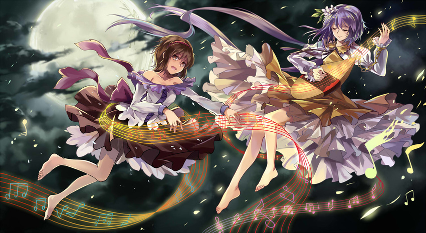 bare_shoulders barefoot biwa_lute blue_hair brown_eyes brown_hair chain closed_eyes cloud flower flying full_moon hair_flower hair_ornament hairband highres instrument koto_(instrument) long_sleeves lute_(instrument) moon multiple_girls musical_note neko_(yanshoujie) off_shoulder open_mouth shirt siblings sisters skirt sky smile touhou tsukumo_benben tsukumo_yatsuhashi