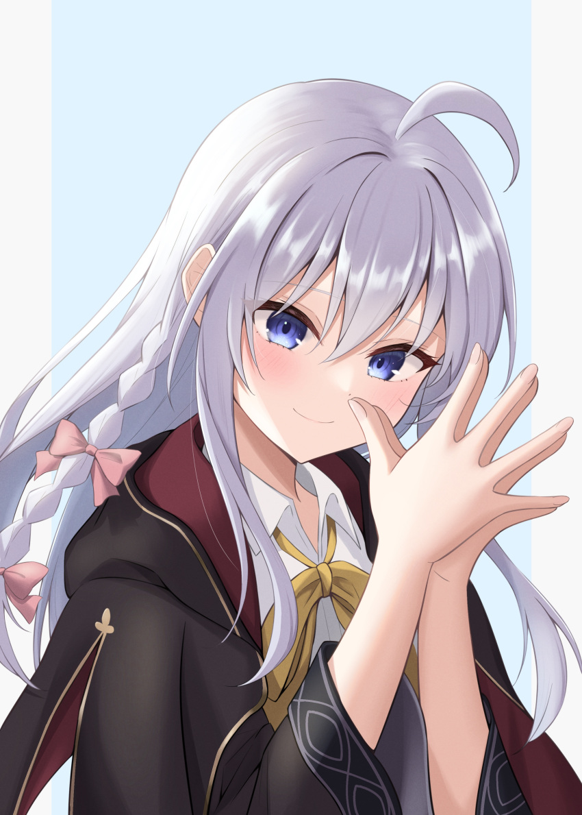 1girl 2024 absurdres ahoge black_robe blue_background blue_eyes blush bow bowtie braid closed_mouth collared_shirt commentary_request dated_commentary elaina_(majo_no_tabitabi) eyelashes floating_hair grey_hair hair_between_eyes hair_bow hands_up highres long_hair long_sleeves looking_at_viewer majo_no_tabitabi miyuki_kotori outstretched_hand own_hands_together pink_bow robe shirt sidelocks simple_background single_braid smile solo tsurime upper_body white_shirt wide_sleeves wizard yellow_bow yellow_bowtie