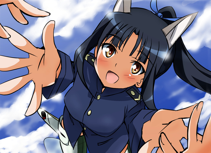 :d animal_ears black_hair blush brown_eyes cloud day flying hair_ribbon hattori_shizuka long_hair long_sleeves military military_uniform open_mouth outstretched_arms reaching ribbon sky smile solo_focus strike_witches striker_unit tokiani uniform world_witches_series
