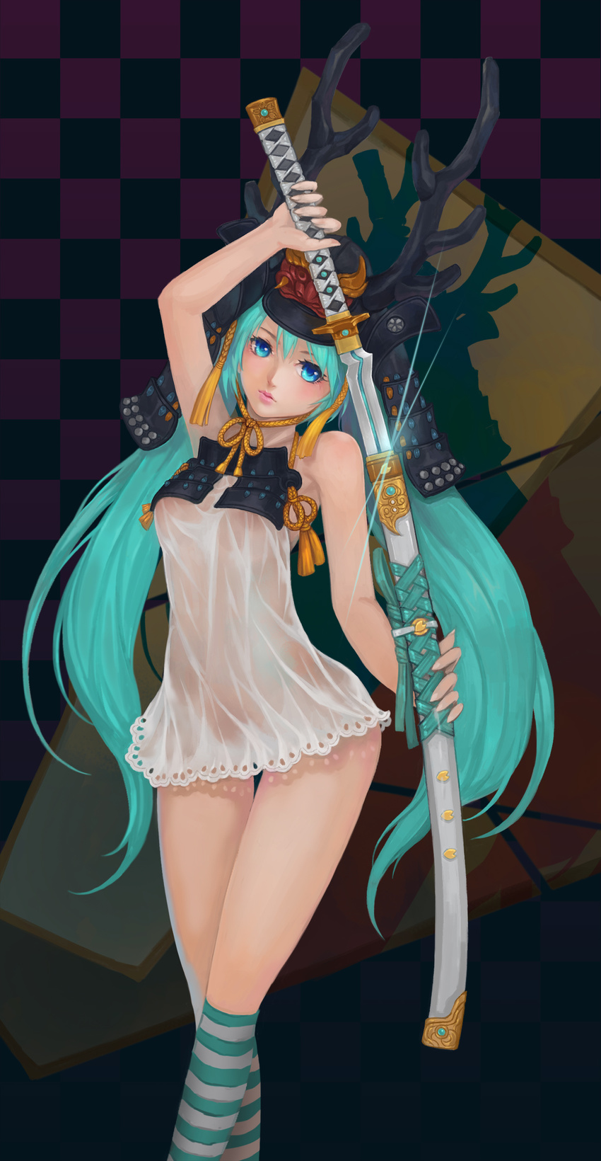 absurdres aqua_hair arm_up blue_eyes hatsune_miku highres katana kneehighs long_hair quaanqin solo striped striped_legwear sword twintails very_long_hair vocaloid weapon