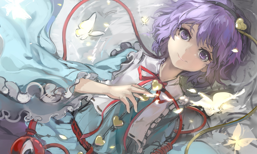 bug butterfly hairband heart insect komeiji_satori looking_at_viewer lying maz_(fanxuying) on_back purple_eyes purple_hair short_hair smile solo third_eye touhou water