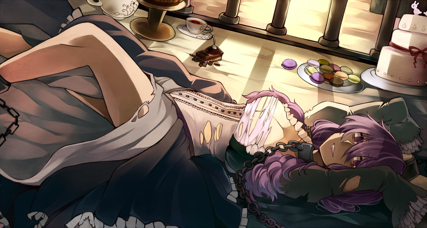 arms_up bdsm cake chain cup dutch_angle empty_eyes food highres long_hair looking_at_viewer lying macaron parted_lips purple_eyes purple_hair smile solo teacup torn_clothes vandyke_brown vocaloid voiceroid yuzuki_yukari