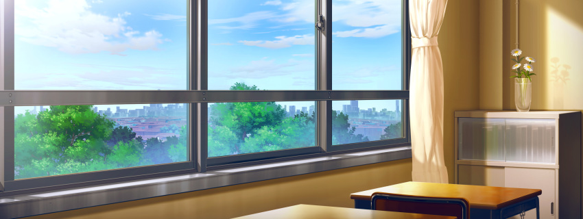 cabinet chair city classroom cloud curtains desk fisheye flower highres indoors mitsu_ura no_humans original scenery school school_desk shadow sky tree vase window