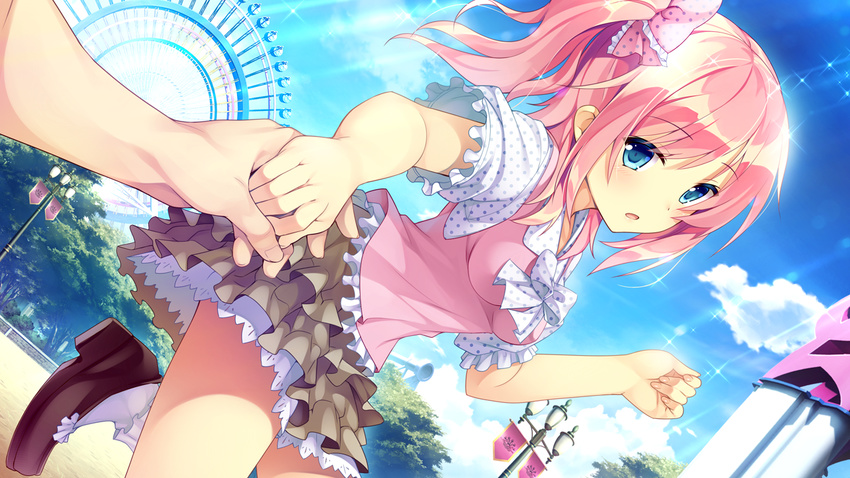 blue_eyes clouds game_cg koba_kasumi koi_saku_miyako_ni_ai_no_yakusoku_wo_~annaffiare~ natsume_eri pink_hair ribbons skirt sky tree