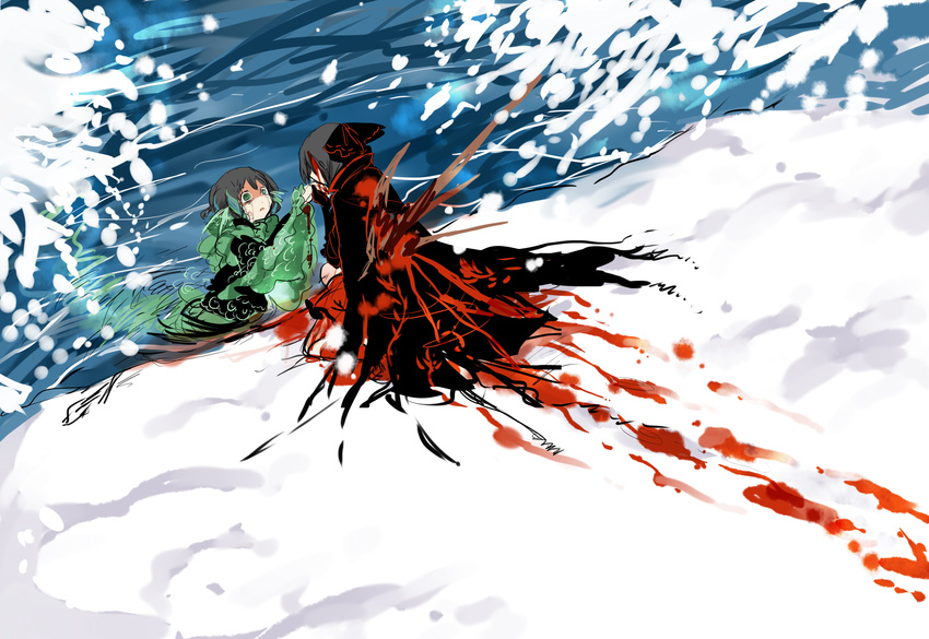 animal_ears black_hair blood bloody_clothes bow cape crying crying_with_eyes_open green_eyes hair_ribbon hand_kiss head_fins highres holding_hand impaled injury kiss lake long_sleeves looking_at_another multiple_girls on_ground outdoors partially_submerged ribbon sekibanki shigureru short_hair snow streaming_tears surprised tears touhou wakasagihime water wide-eyed wide_sleeves