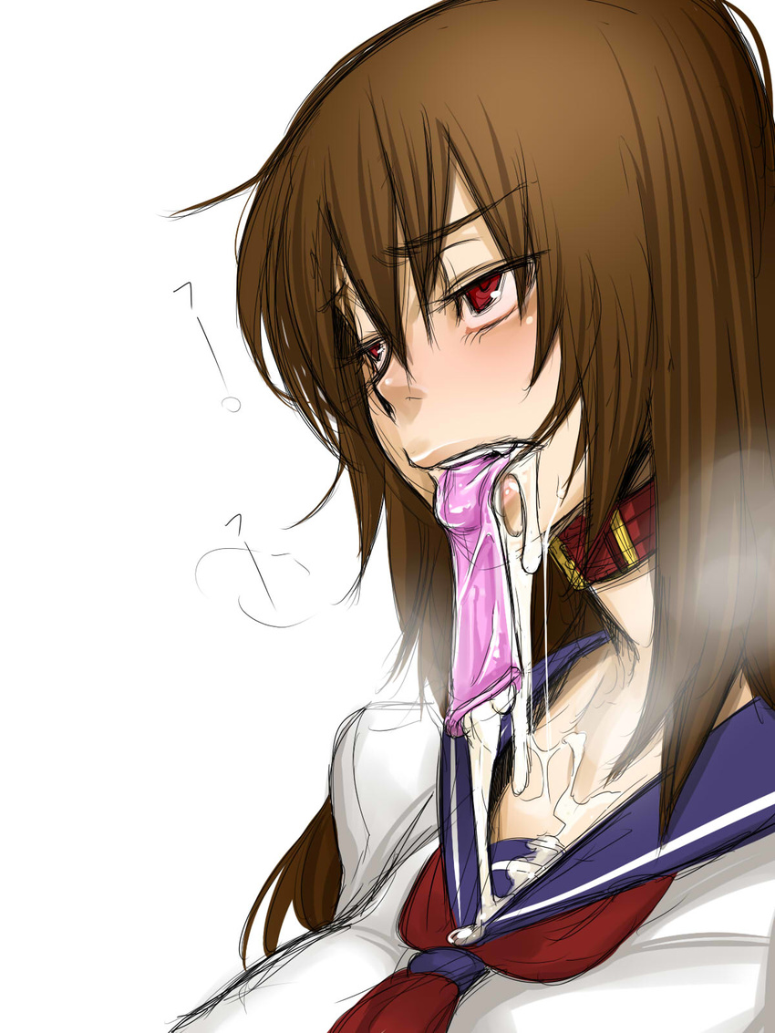 bdsm blush bondage bound breasts brown_hair collar condom condom_in_mouth cum cum_on_clothes cumdrip dazed half-closed_eyes heavy_breathing highres large_breasts long_hair mouth_hold original red_eyes school_uniform sengoku_kyouhime serafuku shindou_l slave solo used_condom