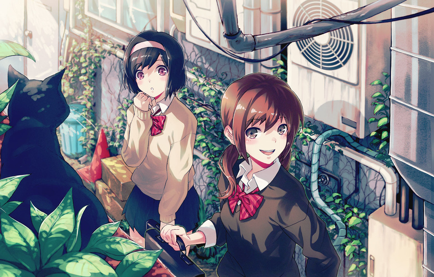 40hara black_hair bow bowtie briefcase brown_eyes brown_hair cat hairband leaf long_hair multiple_girls original plant purple_eyes school_uniform short_hair skirt smile sweater twintails vines