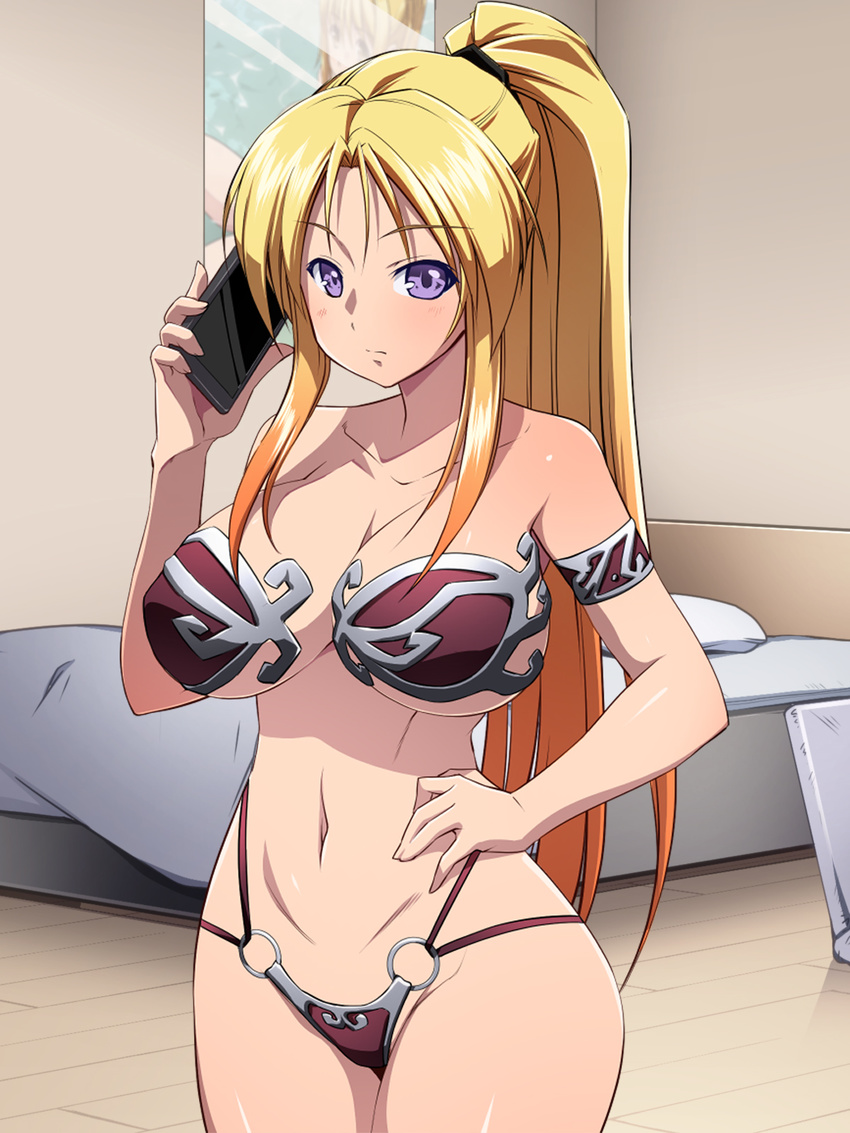 1girl bare_shoulders barefoot bed bed_sheet bible_black blonde_hair blush breasts cellphone feet hand_on_hip highres large_breasts legs long_hair looking_at_viewer navel nightmare_express phone pillow ponytail purple_eyes saeki_kaori solo standing thighs toes