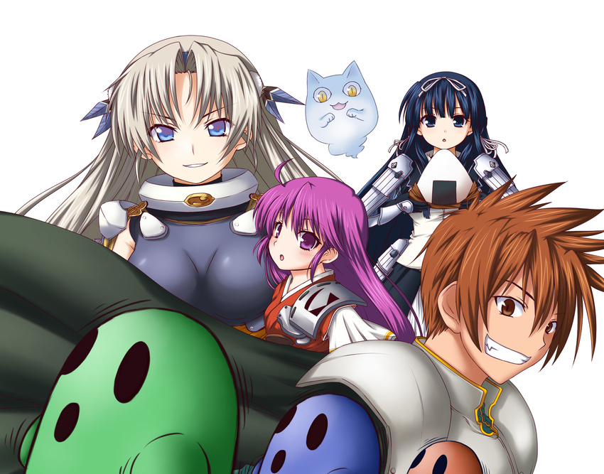 3girls arms_arc black_hair blue_eyes brown_eyes brown_hair grey_hair hanny highres kentou_kanami kuena long_hair multiple_girls purple_eyes purple_hair rance rance_(series) suzume_(rance) uesugi_kenshin_(rance)