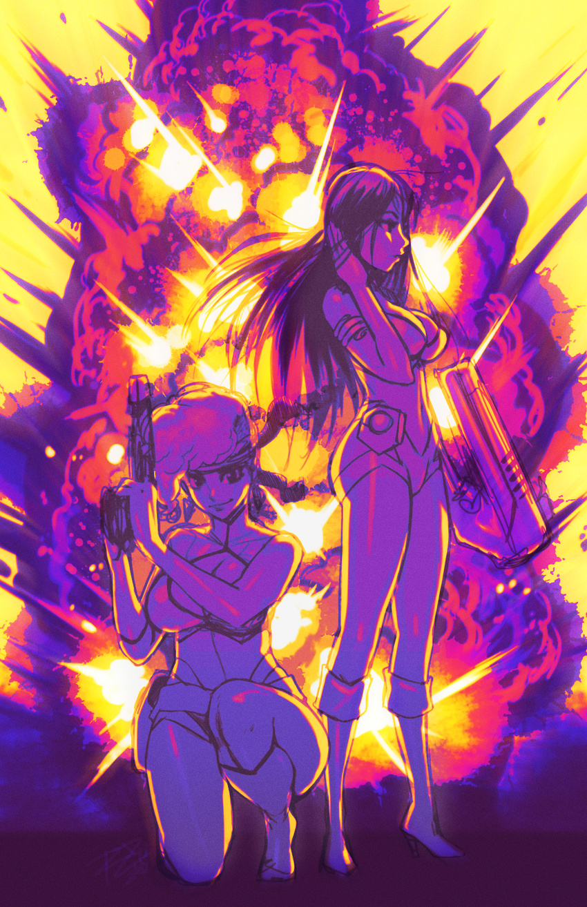boots breasts cleavage cleavage_cutout dirty_pair explosion gun headband highres kei_(dirty_pair) knee_boots large_breasts long_hair multiple_girls one_knee pompadour robert_porter weapon yuri_(dirty_pair)