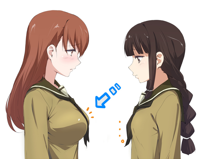 blush braid breast_envy brown_eyes brown_hair commentary_request highres kantai_collection kitakami_(kantai_collection) marimotencho multiple_girls ooi_(kantai_collection) school_uniform