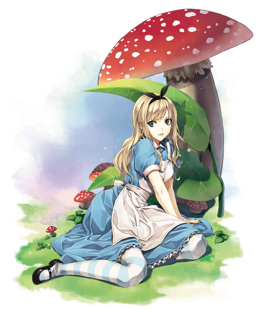 alice_(wonderland) alice_in_wonderland apron blonde_hair blue_eyes dress hairband highres leaf long_hair luna_(reclaimed_land) mary_janes mushroom oversized_object pantyhose parted_lips shoes sitting solo striped striped_legwear yokozuwari