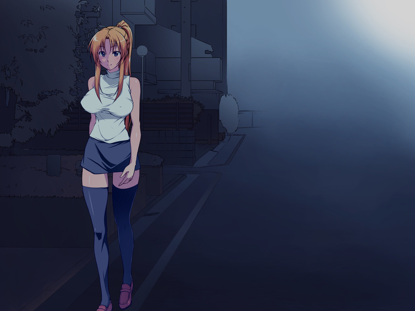 1girl bare_shoulders bible_black black_legwear blonde_hair blue_eyes breasts highres large_breasts legs long_hair looking_at_viewer nightmare_express ponytail road saeki_kaori shoes skirt smile solo street thighs walking