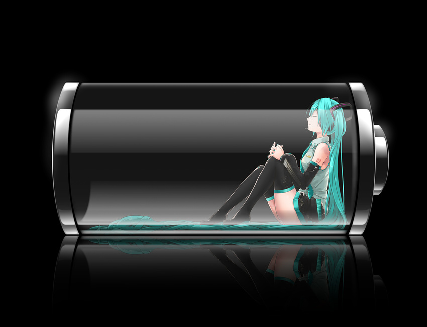 aqua_hair bare_shoulders battery black_background boots closed_eyes container detached_sleeves hands_clasped hatsune_miku highres in_container long_hair nanaku_teiru necktie own_hands_together reflection reflective_floor simple_background sitting skirt solo thigh_boots thighhighs transparent twintails very_long_hair vocaloid zettai_ryouiki