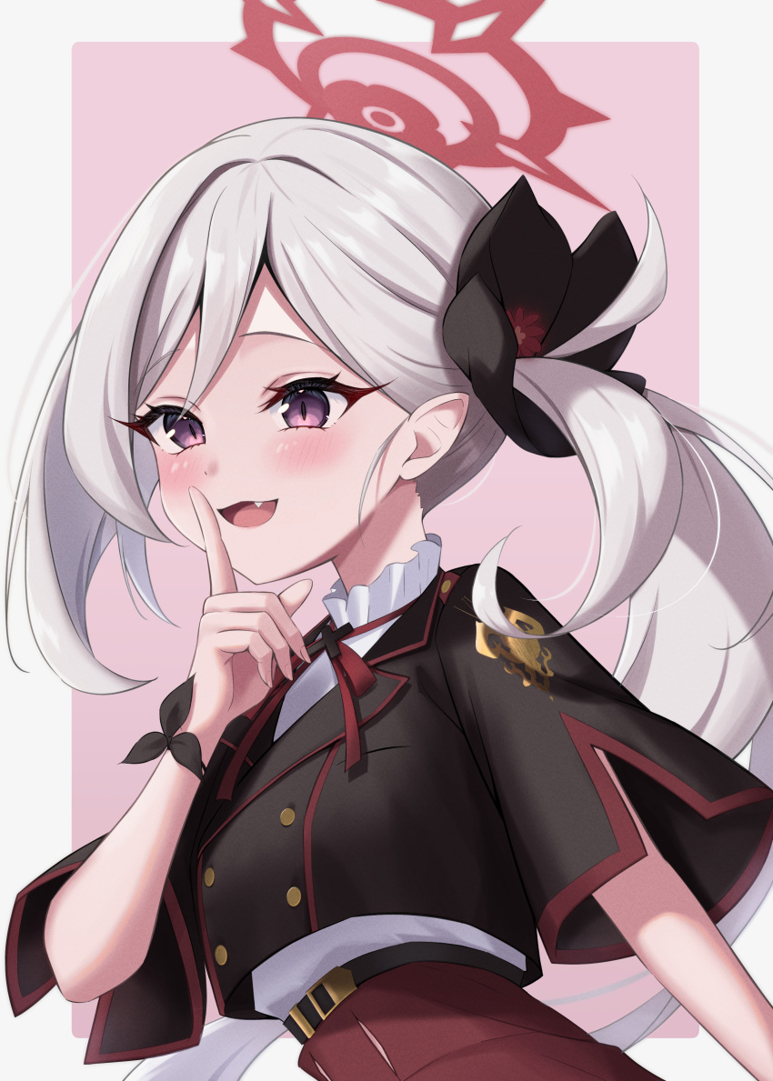 1girl :3 :d absurdres black_jacket blue_archive blush border buttons commentary cropped_jacket double-breasted eyelashes finger_to_mouth grey_hair hair_behind_ear hair_between_eyes halo hand_up highres index_finger_raised jacket long_hair looking_ahead miyuki_kotori mutsuki_(blue_archive) open_mouth outside_border pink_background pointy_ears purple_eyes red_halo shirt short_sleeves side_ponytail simple_background slit_pupils smile solo three_quarter_view upper_body very_long_hair white_border white_shirt