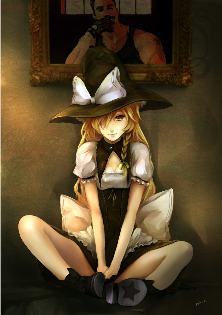 alternate_costume apron artist_name bare_legs billy_herrington blonde_hair boots bow braid breasts cleavage cleavage_cutout commentary cross-laced_footwear expressionless gachimuchi gloves gracehoo grimoire_of_marisa hair_bow hair_over_one_eye hat hat_ribbon highres indian_style kirisame_marisa looking_at_viewer medium_breasts painting_(object) puffy_short_sleeves puffy_sleeves ribbon shadow shirt short_sleeves single_braid sitting skirt skirt_hold skirt_set sleeveless sleeveless_shirt smoking solo star tattoo touhou waist_apron witch_hat yellow_eyes