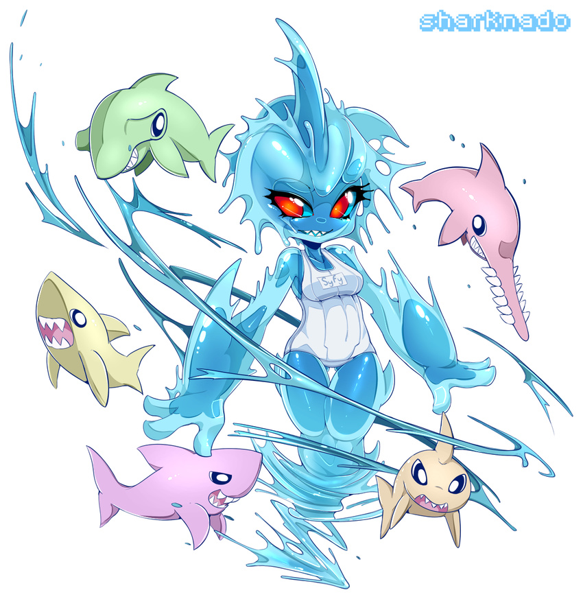 bad_id bad_tumblr_id blue_skin breasts copyright_name goo_girl hammerhead_shark head_fins highres medium_breasts minimized monster_girl one-piece_swimsuit personification red_eyes sawtooth_shark school_swimsuit shark shark_girl sharknado sharp_teeth slugbox solo_focus swimsuit syfy teeth thigh_gap white_background white_school_swimsuit white_swimsuit