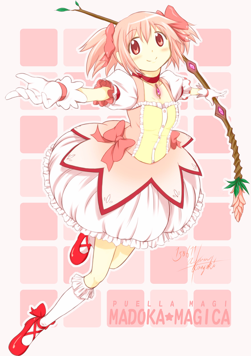 bow bow_(weapon) bubble_skirt choker copyright_name dress gloves hair_bow highres kaname_madoka magical_girl mahou_shoujo_madoka_magica midrune outstretched_arm outstretched_hand pink_eyes pink_hair short_twintails skirt smile solo soul_gem twintails weapon