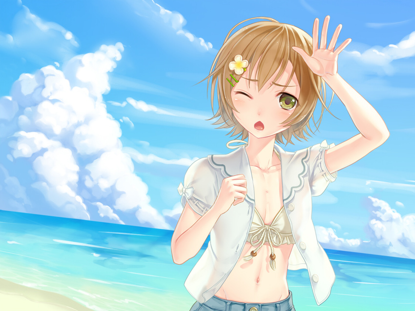 beach bikini_top brown_hair chestnut_mouth cloud crossdressing day green_eyes hair_ornament hairclip mako-chan_(minami-ke) makoto_(minami-ke) male_focus minami-ke navel ocean one_eye_closed open_clothes open_shirt otoko_no_ko otosume_ruiko outdoors shirt sky solo