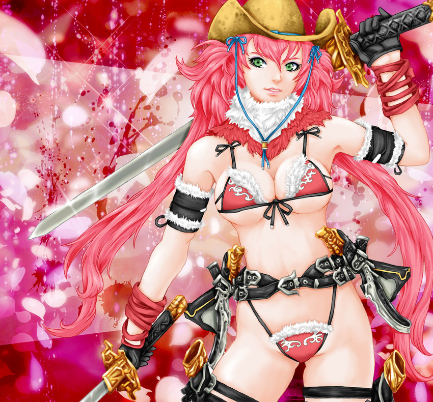 1girl breasts cowboy_hat green_eyes hat kagura_(oneechanbara) large_breasts midriff oneechanbara solo sword weapon