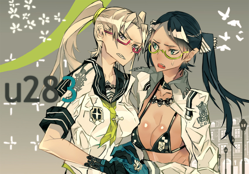 aqua_eyes banned_artist bikini bikini_top black_bikini black_hair blonde_hair breasts cleavage clenched_teeth fang glasses gloves lamppost long_hair medium_breasts multiple_girls original red-framed_eyewear school_uniform semi-rimless_eyewear serafuku sweatdrop swimsuit tazuma_(u283) teeth twintails under-rim_eyewear yellow yellow-framed_eyewear yellow_eyes