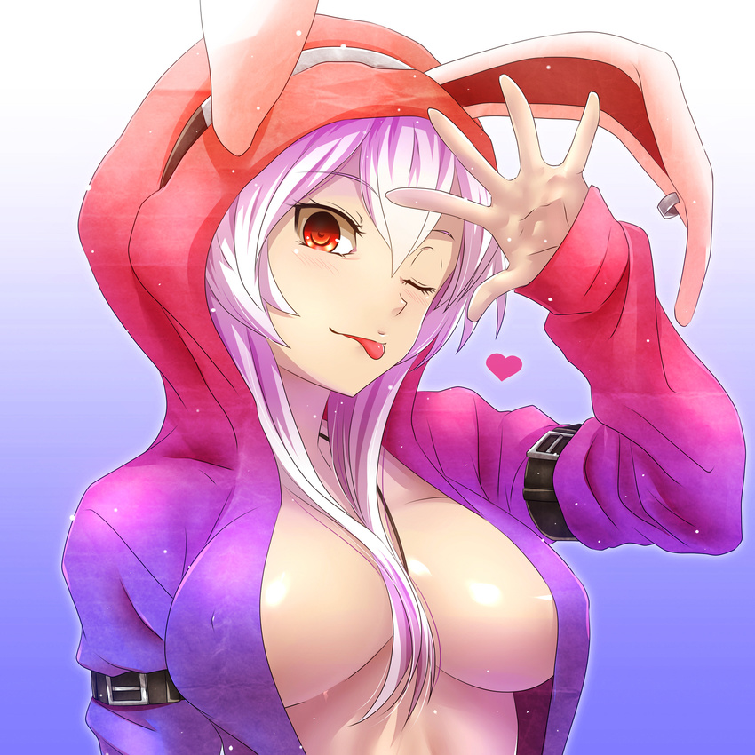 ;p animal_ears animal_hood arm_up breasts buckle bunny_ears bunny_hood carro_(watarui) center_opening heart highres hood hoodie large_breasts long_hair naked_hoodie one_eye_closed open_clothes open_hoodie original red_eyes silver_hair simple_background smile solo tongue tongue_out watarui