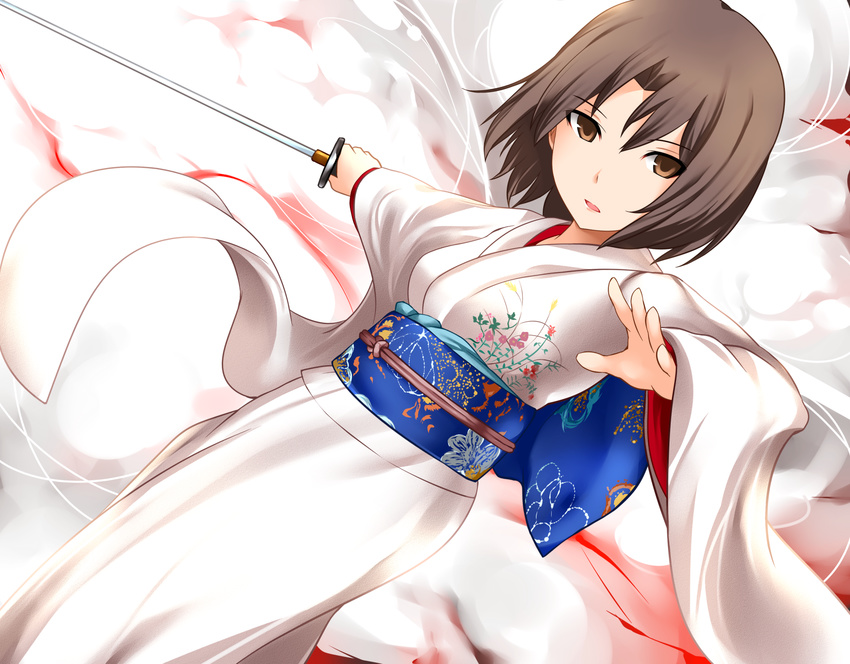 blue_eyes brown_hair highres japanese_clothes kara_no_kyoukai katana kimono obi ryougi_shiki sash short_hair solo sword weapon yoshimo