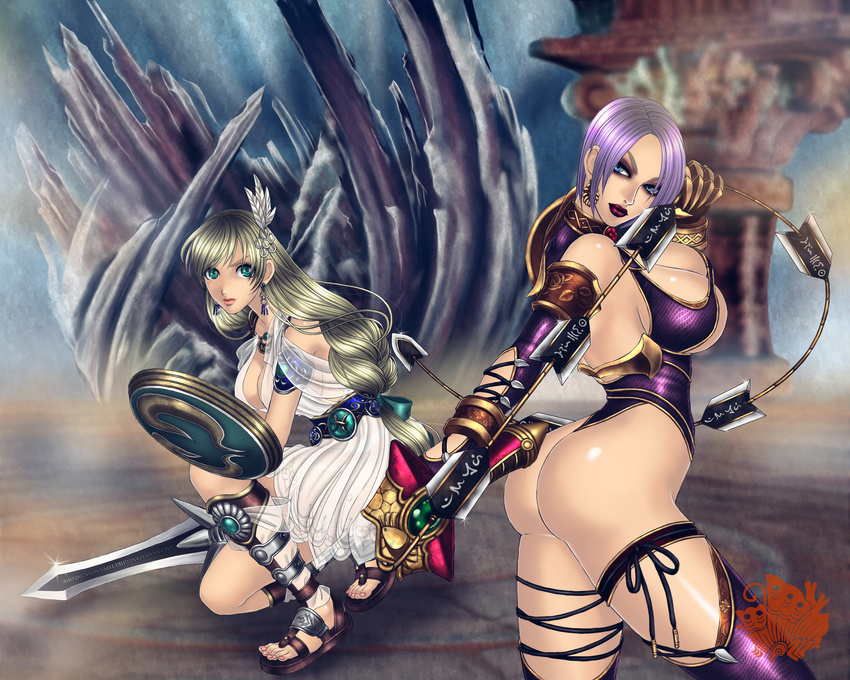 ass blonde_hair breasts cleavage earrings gladiator_sandals hair_ornament highres huge_ass huge_breasts isabella_valentine jewelry kneeling large_breasts looking_at_viewer multiple_girls purple_hair sandals shield sophitia_alexandra soul_calibur soulcalibur_iv standing sword weapon whip xuexue_yue_hua