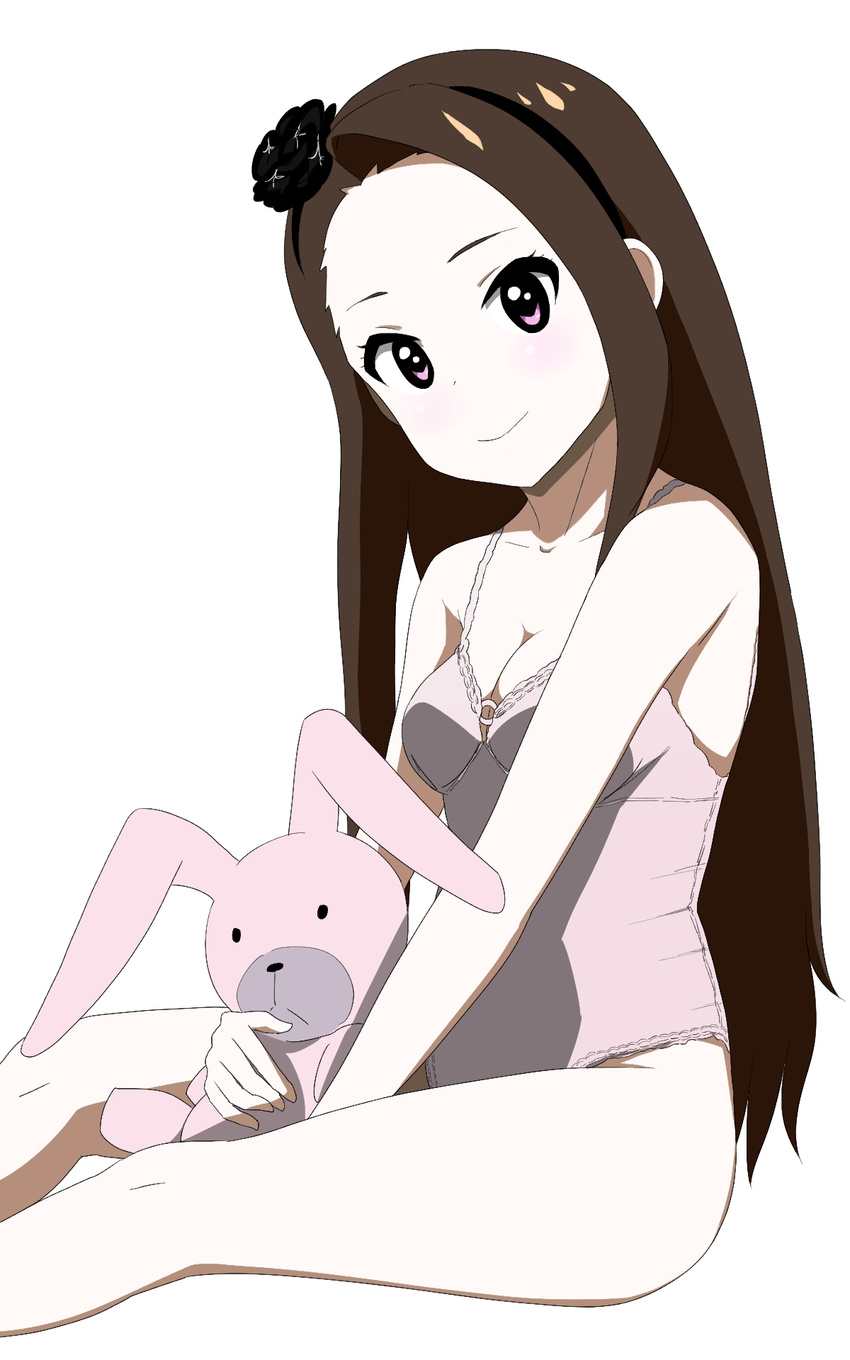breasts cleavage highres idolmaster idolmaster_(classic) long_hair minase_iori one-piece_swimsuit pink small_breasts smile solo stuffed_animal stuffed_bunny stuffed_toy swimsuit tonotyama
