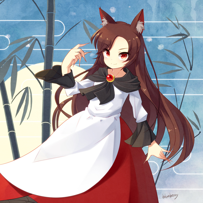 animal_ears bamboo blouse blueberry_(5959) brown_hair claws dress egasumi highres imaizumi_kagerou long_hair looking_at_viewer red_eyes red_skirt skirt smile solo touhou white_blouse wolf_ears