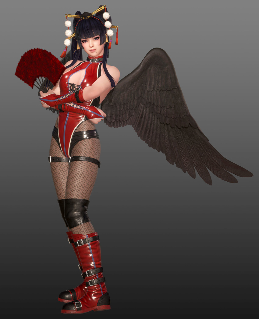 1girl 3d absurdres bangs bare_shoulders black_hair black_wings boots breasts bridal_gauntlets center_opening closed_mouth crossed_arms dead_or_alive dead_or_alive_6 fan feathered_wings fishnet_pantyhose fishnets full_body gradient grey_background hair_ornament hair_stick highres holding leotard lips looking_at_viewer medium_breasts mole mole_under_mouth nyotengu official_art pantyhose purple_eyes red_footwear red_leotard shiny shiny_clothes sleeveless solo standing thigh_strap wings