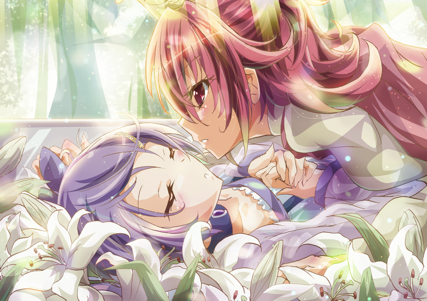 aida_mana blush cure_sword dokidoki!_precure flowers inoshishi kenzaki_makoto precure purple_hair red_eyes red_hair sleeping