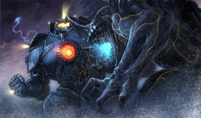 clenched_hand gipsy_danger glowing highres kaijuu knifehead lightning mecha monster no_humans ocean pacific_rim realistic science_fiction super_robot tatsuya_(atelier_road)