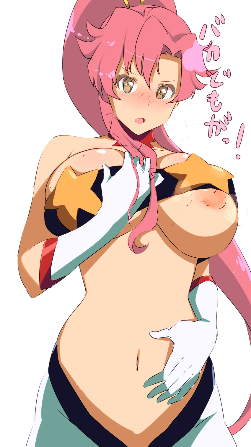 absurdres bandeau blush breasts gloves highres large_breasts long_hair midriff navel nipples open_mouth ponytail red_hair simple_background solo space_yoko strapless tengen_toppa_gurren_lagann tonotyama translation_request white_background white_gloves yoko_littner