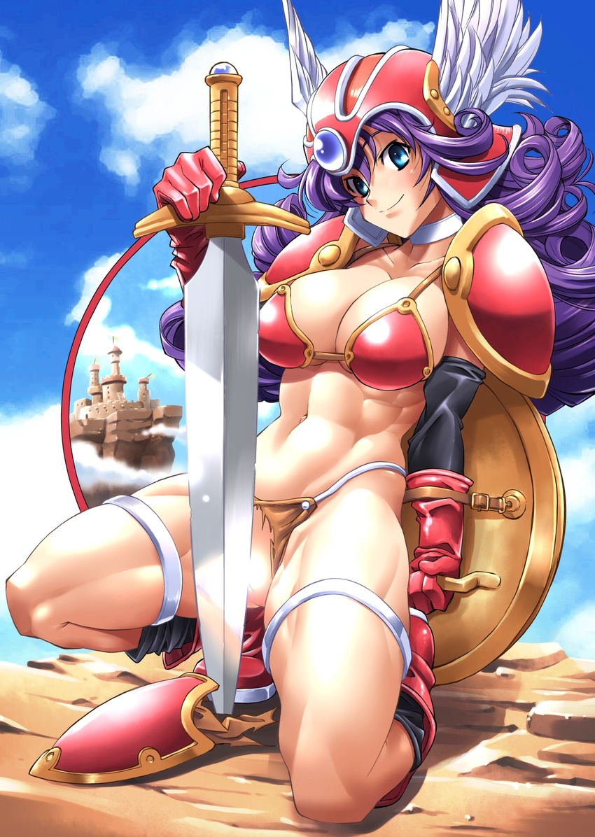 abs armor bikini_armor blue_eyes boots breasts cleavage cloud collar day dragon_quest dragon_quest_iii elbow_gloves gloves head_wings helmet highres large_breasts long_hair looking_at_viewer muscle navel one_knee pauldrons purple_hair rakko_(r2) shield smile soldier_(dq3) solo sword torn_clothes weapon