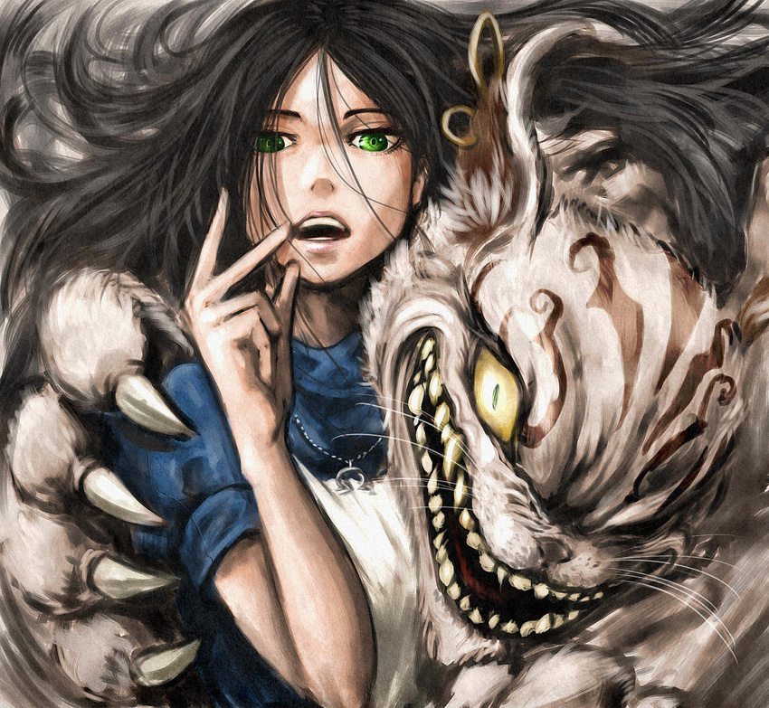 1boy 1girl alice:_madness_returns alice_in_wonderland alice_liddell american_mcgee's_alice american_mcgee's_alice animal black_hair cat ceramic_man cheshire_cat claws fur green_eyes grin open_mouth smile teeth yellow_eyes
