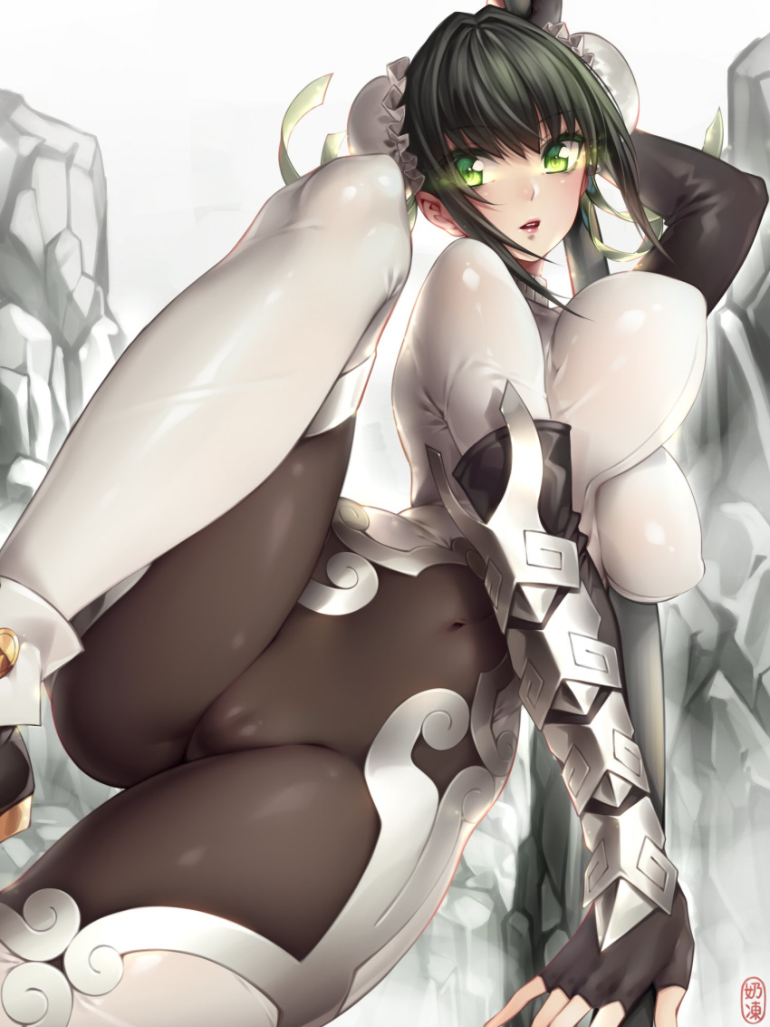 1girl arm_guards bangs black_hair bodysuit breasts bun_cover cameltoe covered_navel double_bun erect_nipples fate/grand_order fate_(series) fingerless_gloves gloves green_eyes hair_bun highres large_breasts lips navel open_mouth polearm qin_liangyu_(fate) skin_tight solo spread_legs weapon yin-ting_tian