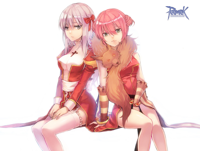 8c bad_id bad_pixiv_id between_legs breasts copyright_name double_bun fox green_eyes grey_eyes hair_ribbon hand_between_legs high_priest long_hair medium_breasts multiple_girls professor_(ragnarok_online) ragnarok_online red_hair ribbon scarf short_hair silver_hair sitting thighhighs white_background white_legwear