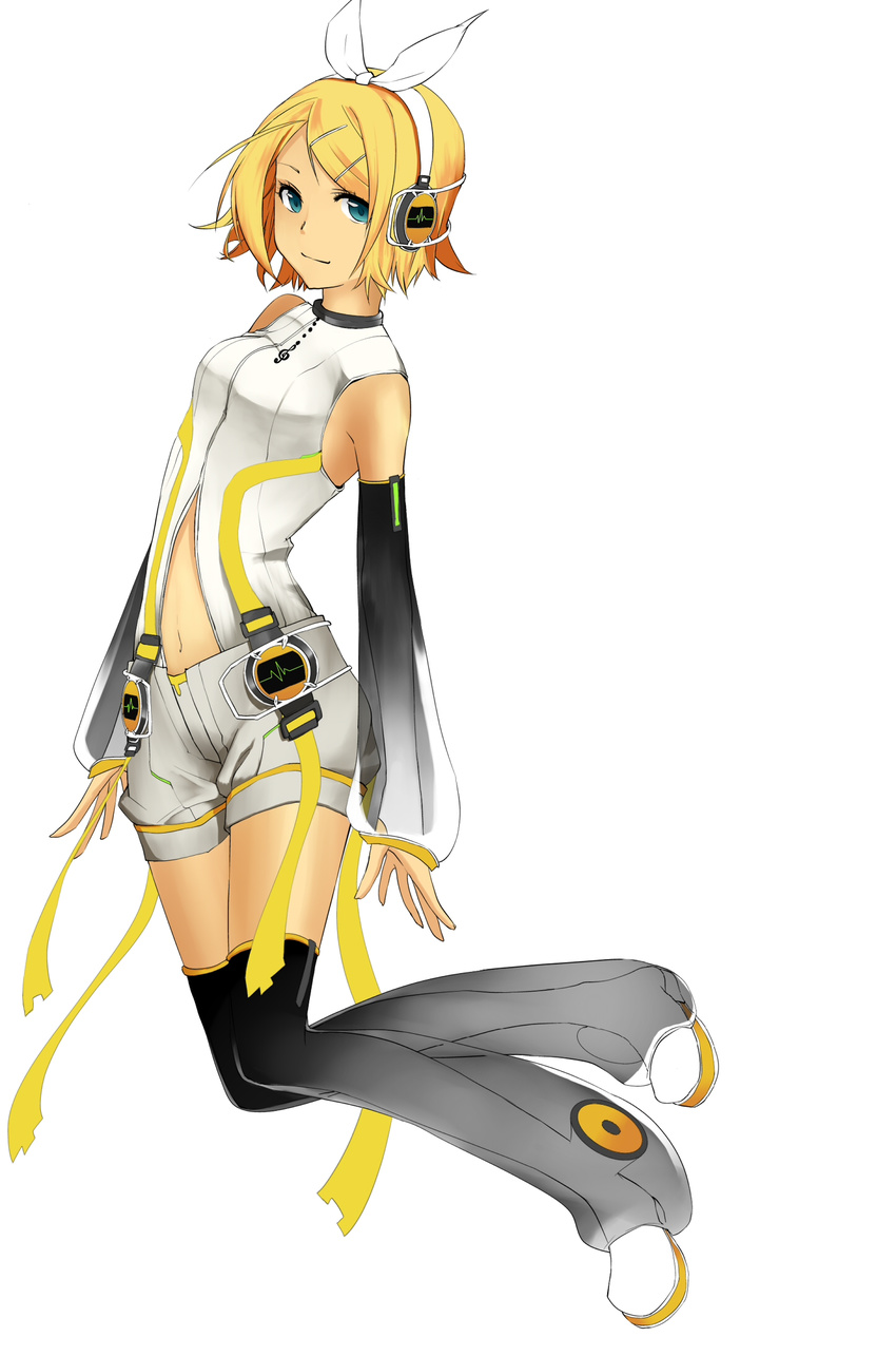 blonde_hair boots breasts colorized headphones highres kagamine_rin kokonoo_no_ginkou looking_at_viewer medium_breasts short_hair simple_background smile solo thigh_boots thighhighs vocaloid white_background