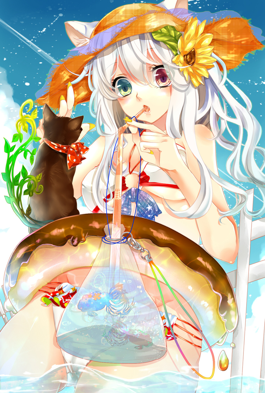 animal_ears bag bagged_fish bikini cat_ears doughnut_innertube drinking_straw fish flower green_eyes hair_flower hair_ornament hat heterochromia highres innertube long_hair nail_polish original red_eyes solo sunflower swimsuit togashi_(choco-bakama_kitchen) water white_hair