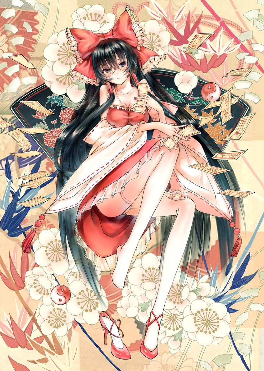 bad_id bad_pixiv_id bare_shoulders black_eyes black_hair bow breasts cleavage flower hair_bow hakurei_reimu high_heels highres long_hair medium_breasts ofuda panties pantyshot pantyshot_(sitting) shoes single_shoe sitting solo thighhighs touhou underwear wide_sleeves yin_yang yorda_(koyorda)