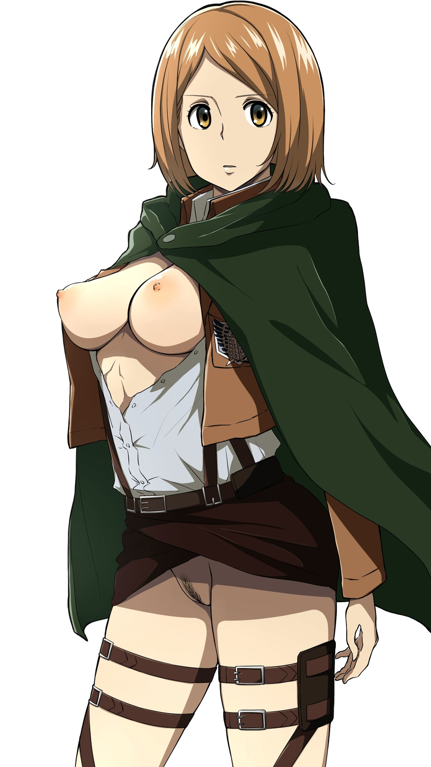 absurdres breasts brown_eyes brown_hair cape dress_shirt emblem highres jacket medium_breasts nipples open_clothes open_shirt paradis_military_uniform petra_ral pubic_hair pussy shingeki_no_kyojin shirt short_hair simple_background solo suspenders thigh_strap tonotyama white_background