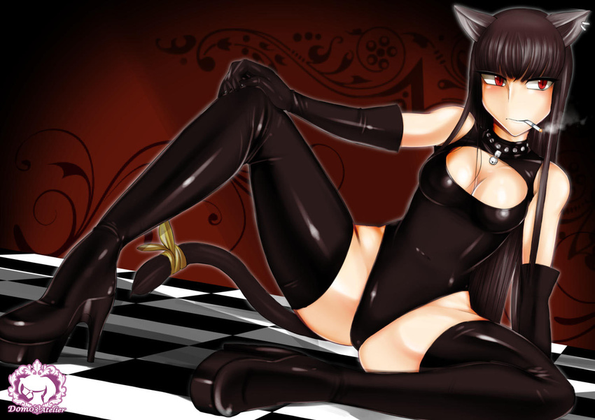animal_ears bare_shoulders bell black_hair boots breasts cat_ears cat_tail cigarette cleavage cleavage_cutout dom03 elbow_gloves gloves long_hair medium_breasts original red_eyes ribbon smoking solo tail tail_ribbon thigh_boots thighhighs