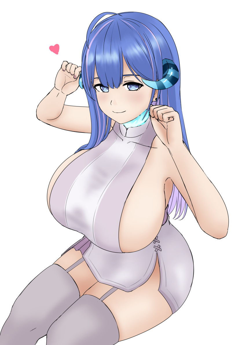 1girl absurdres ahoge bare_arms blue_eyes blue_hair blue_horns breasts bright_pupils closed_mouth collarbone colored_inner_hair cross-shaped_pupils dress feet_out_of_frame garter_straps grey_thighhighs hair_between_eyes hands_up heart highres horns huge_breasts indie_virtual_youtuber long_hair looking_at_viewer multicolored_hair multicolored_horns naozuri paw_pose pink_hair rikudou_yura short_dress sideboob sideless_dress simple_background sitting smile solo straight_hair streaked_hair striped_horns symbol-shaped_pupils thighhighs two-tone_hair virtual_youtuber white_background white_dress white_garter_straps