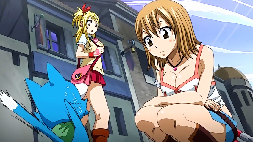 2girls blonde_hair breasts brown_eyes brown_hair cleavage crossover elie fairy_tail happy_(fairy_tail) large_breasts lucy_heartfilia multiple_girls rave screencap